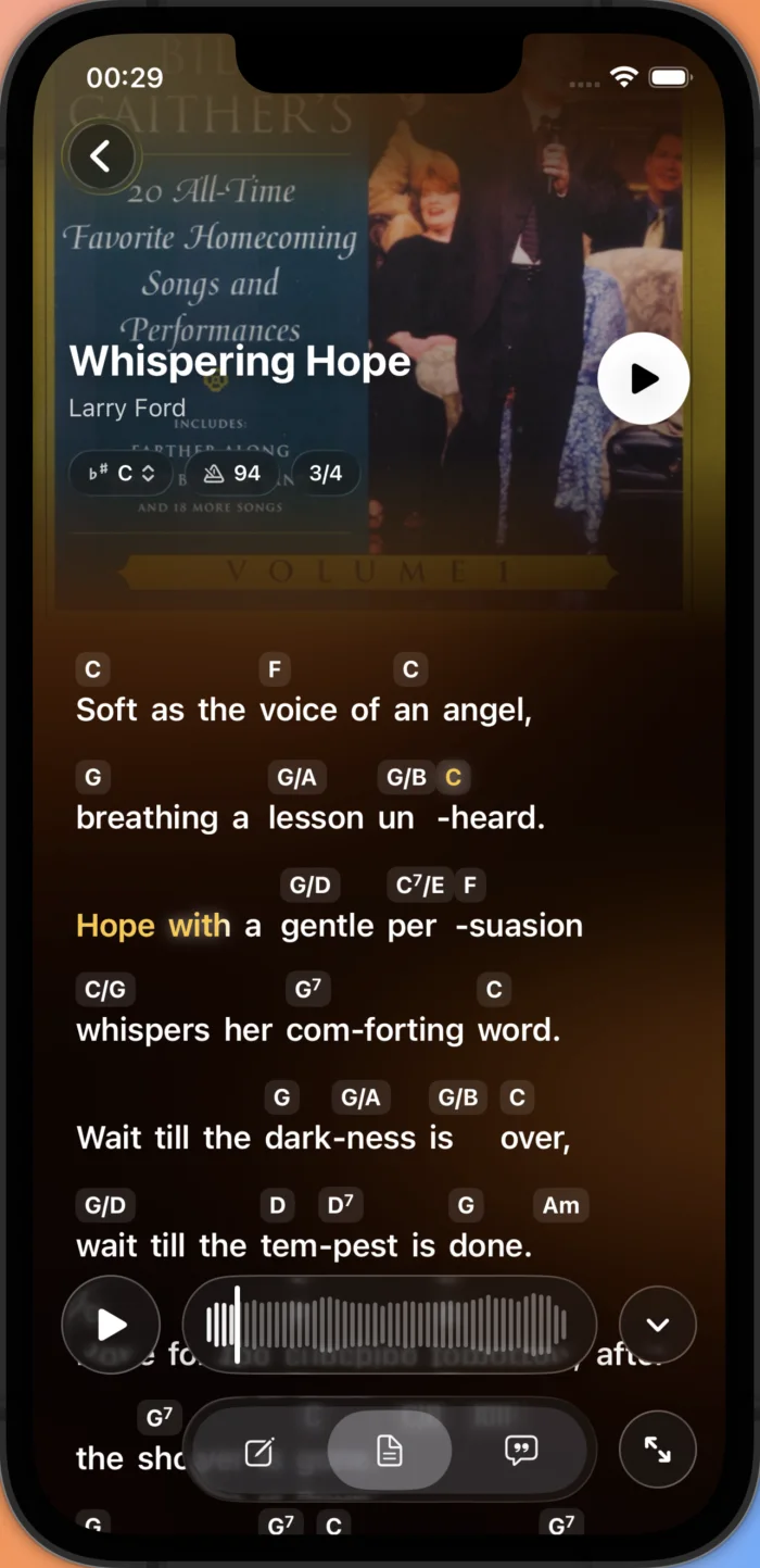 A Lyricly lead sheet with chords above the lyrics
